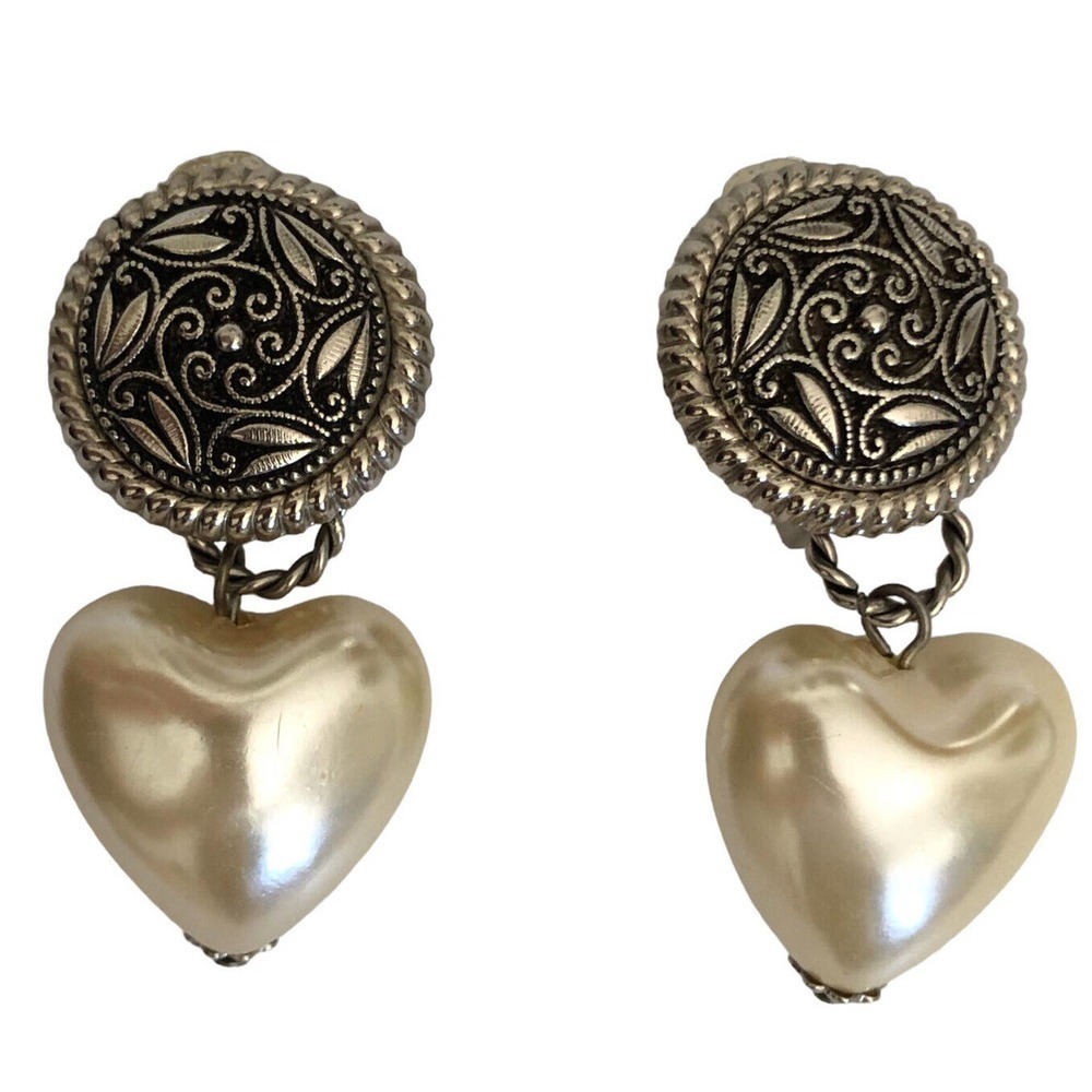 Vintage Faux Pearl Heart Clip On Earrings Silver Tone Filigree Back Drop
